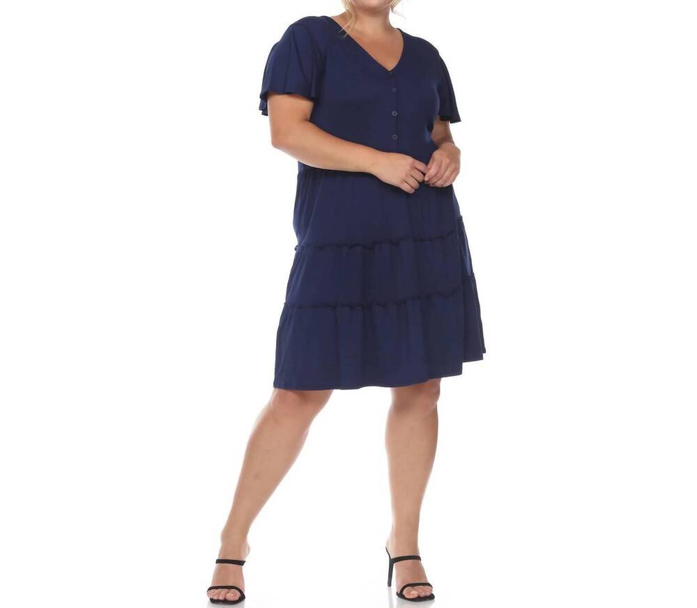 NEW WHITE MARK women's short sleeve v neck tiered midi dress - plus in navy
